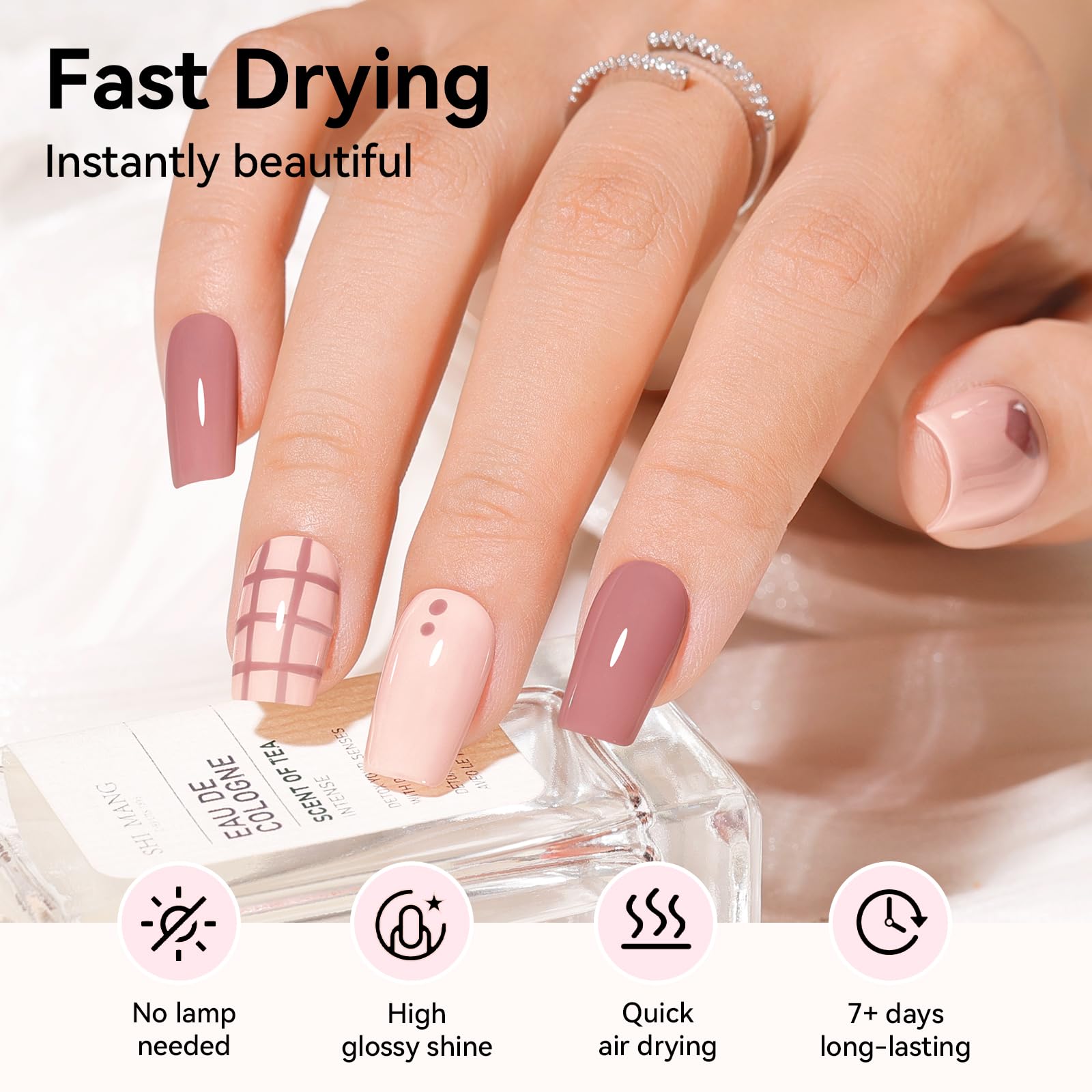 Nailshion swatch strip with six neutral shades for easy shade selection benefit
