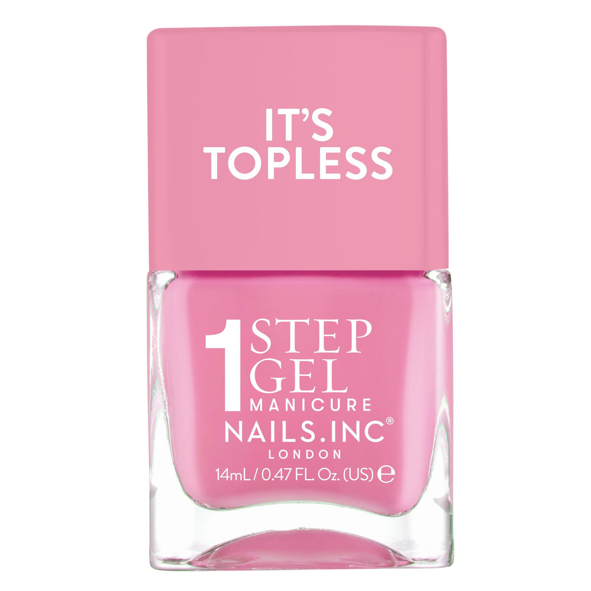 Nails Inc front bottle of It’s Topless showing label and candy-pink color benefit shine