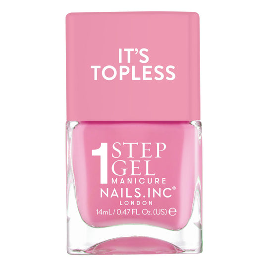 Nails Inc front bottle of It’s Topless showing label and candy-pink color benefit shine