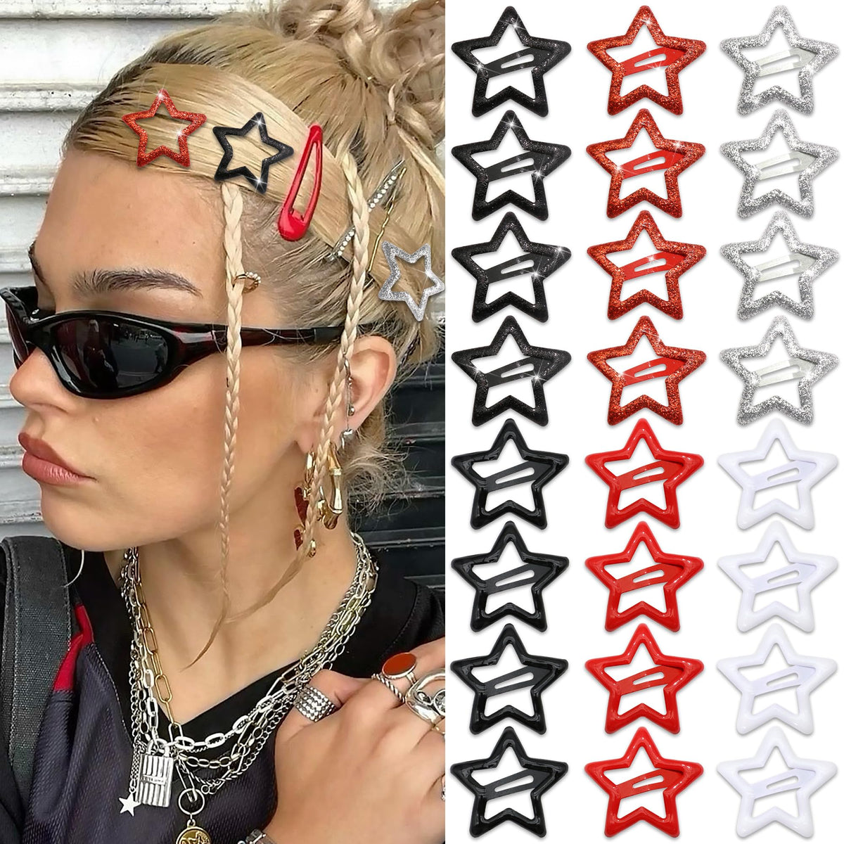 NAISKA front view of 24 star clips showing colors and quantity, adds instant sparkle