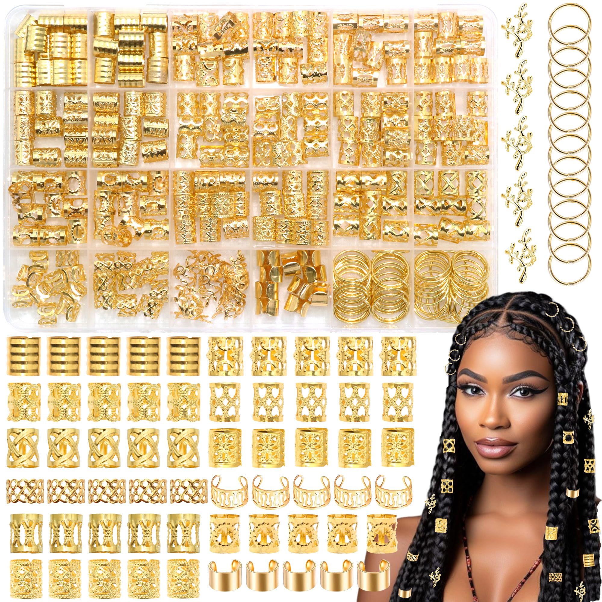 NAISKA front packaging showing full 280-piece gold hair jewelry kit and organization benefits