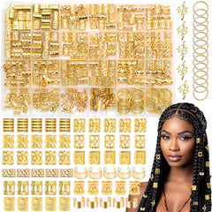 NAISKA front packaging showing full 280-piece gold hair jewelry kit and organization benefits