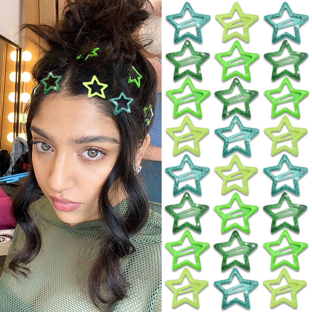 NAISKA front packaging showing 24 green star snap hair barrettes and variety