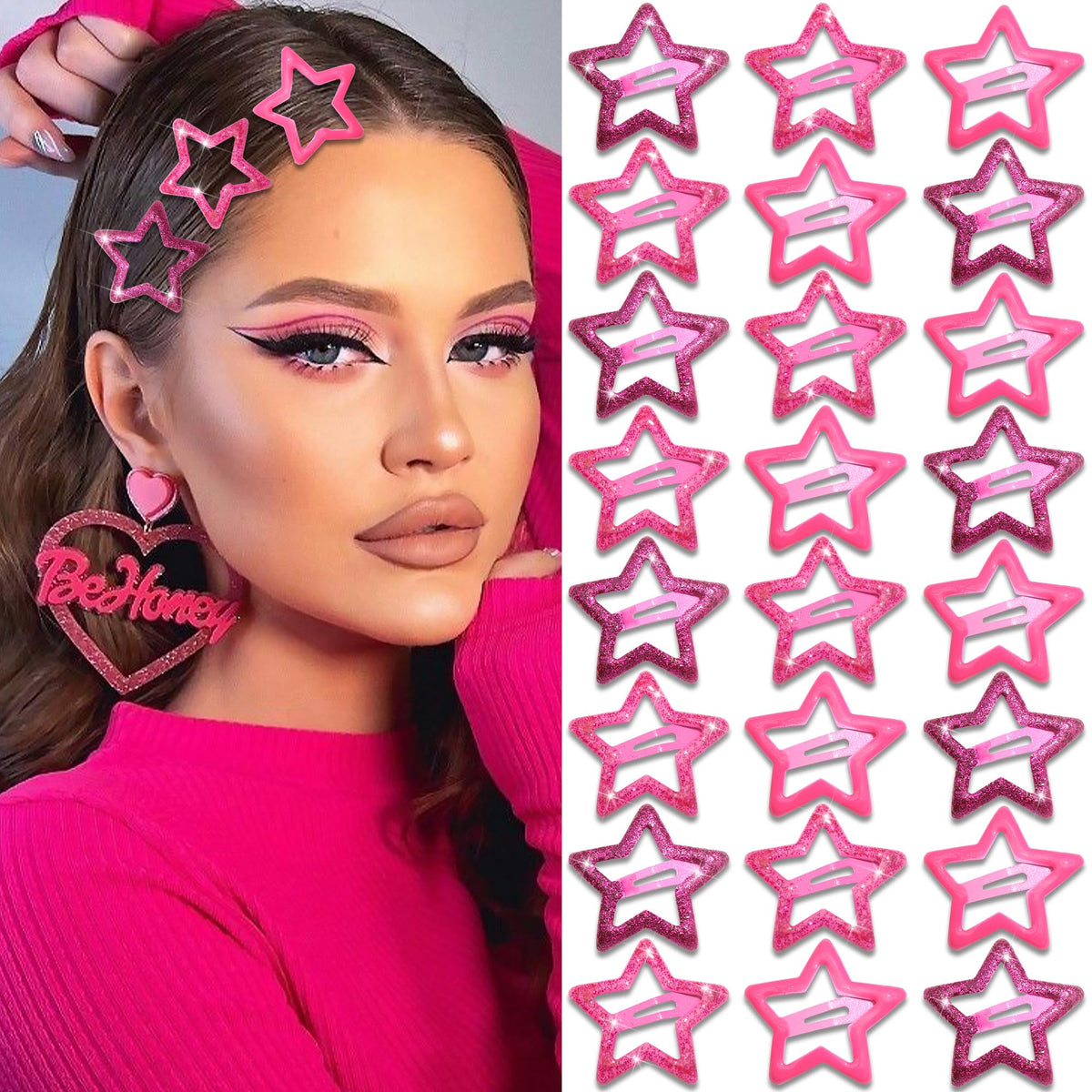 NAISKA front view of 24 hot-pink star clips showing full set for easy styling
