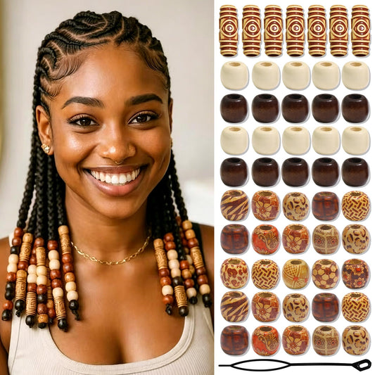 NAISKA front pack of 60 wooden hair beads showing contents benefit versatility