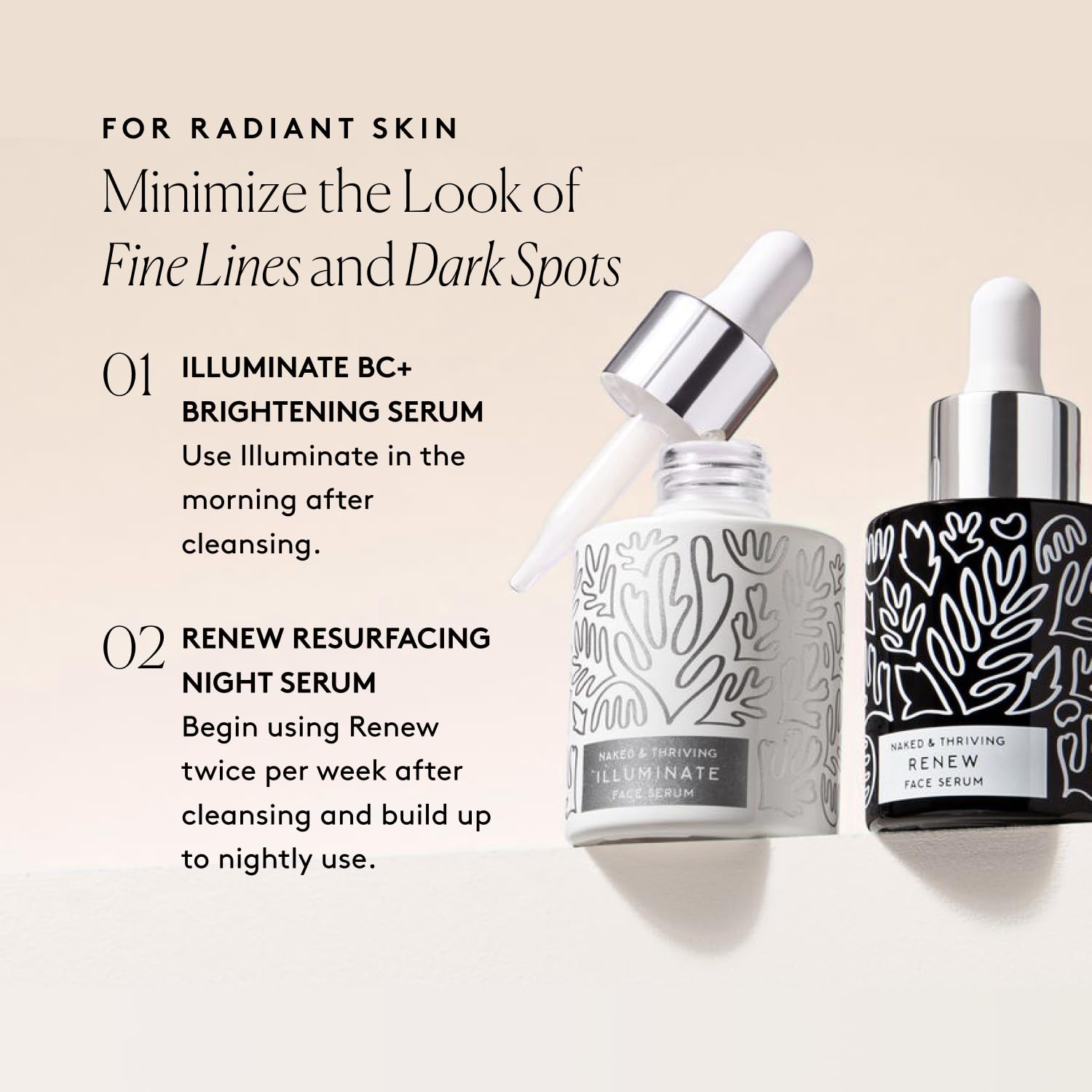 Naked & Thriving ingredient display with vitamin C and bakuchiol for radiance