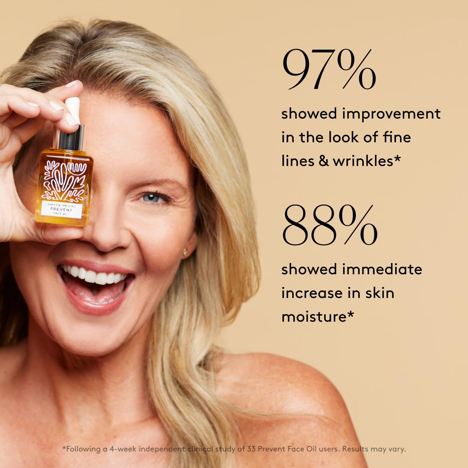 Naked & Thriving oil drop on cheek illustrating hydration and glow benefit