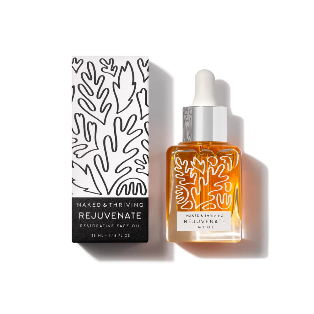 Naked & Thriving front bottle shot showing elegant packaging and skin benefits