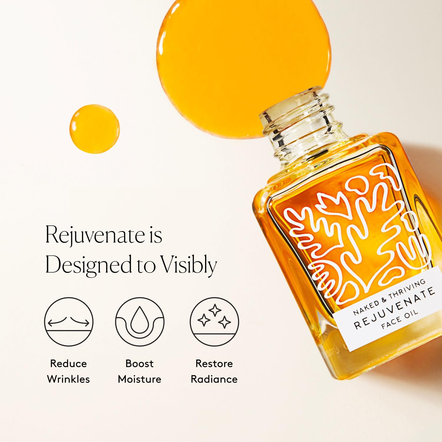 Naked & Thriving dropper dispensing golden oil for controlled, mess-free application