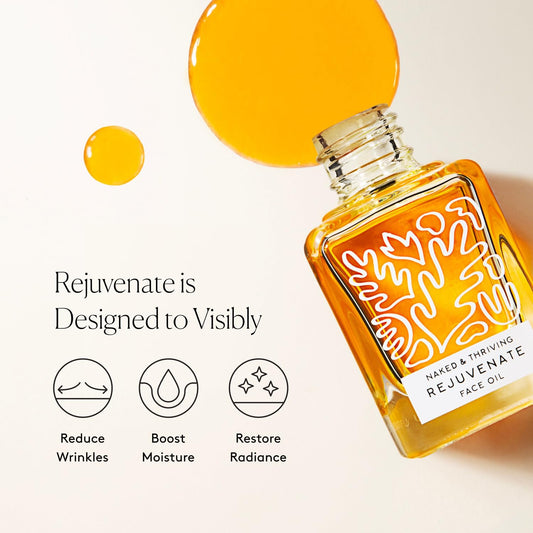 Naked & Thriving dropper dispensing golden oil for controlled, mess-free application