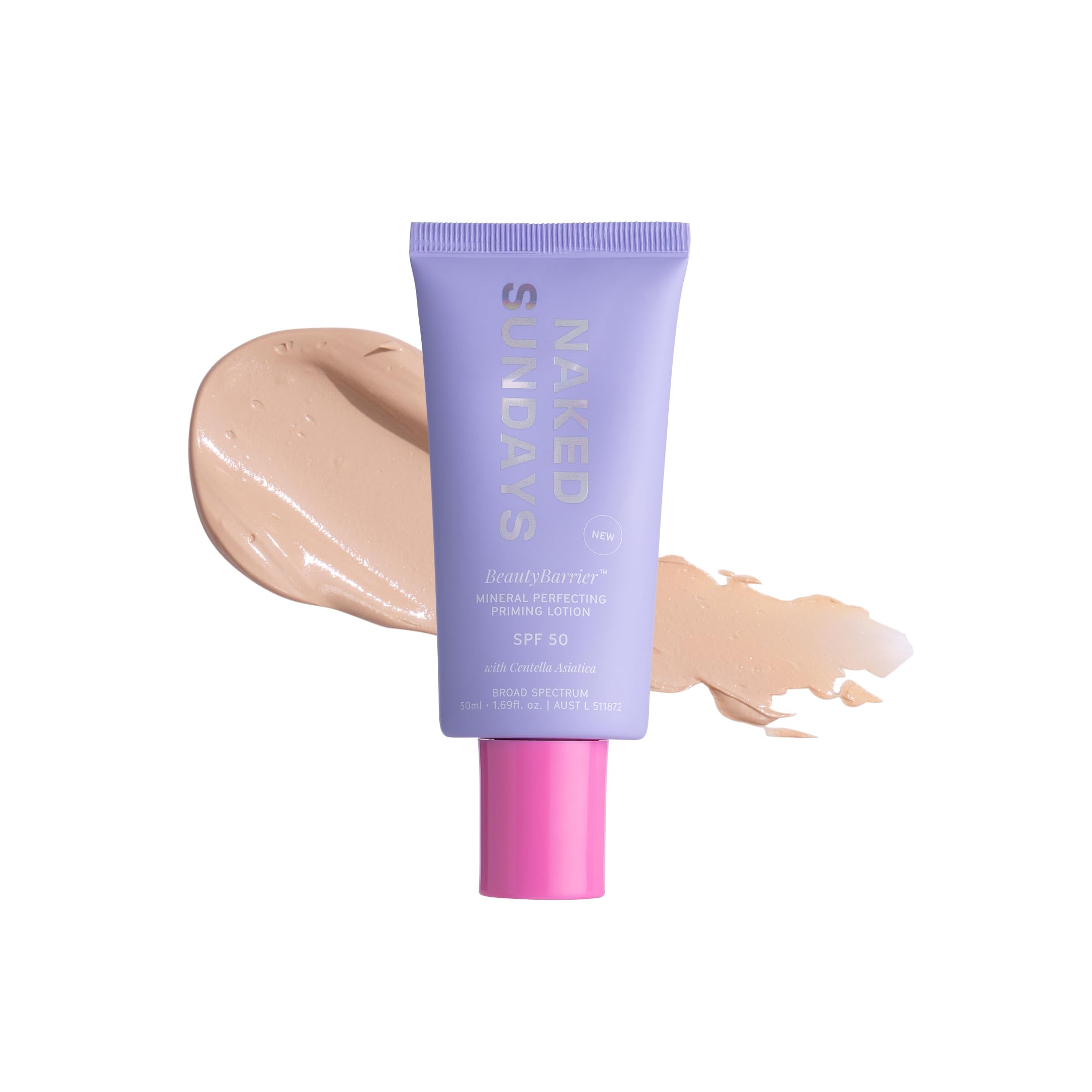Naked Sundays product front view showing SPF 50 label and 50ml bottle for clear protection