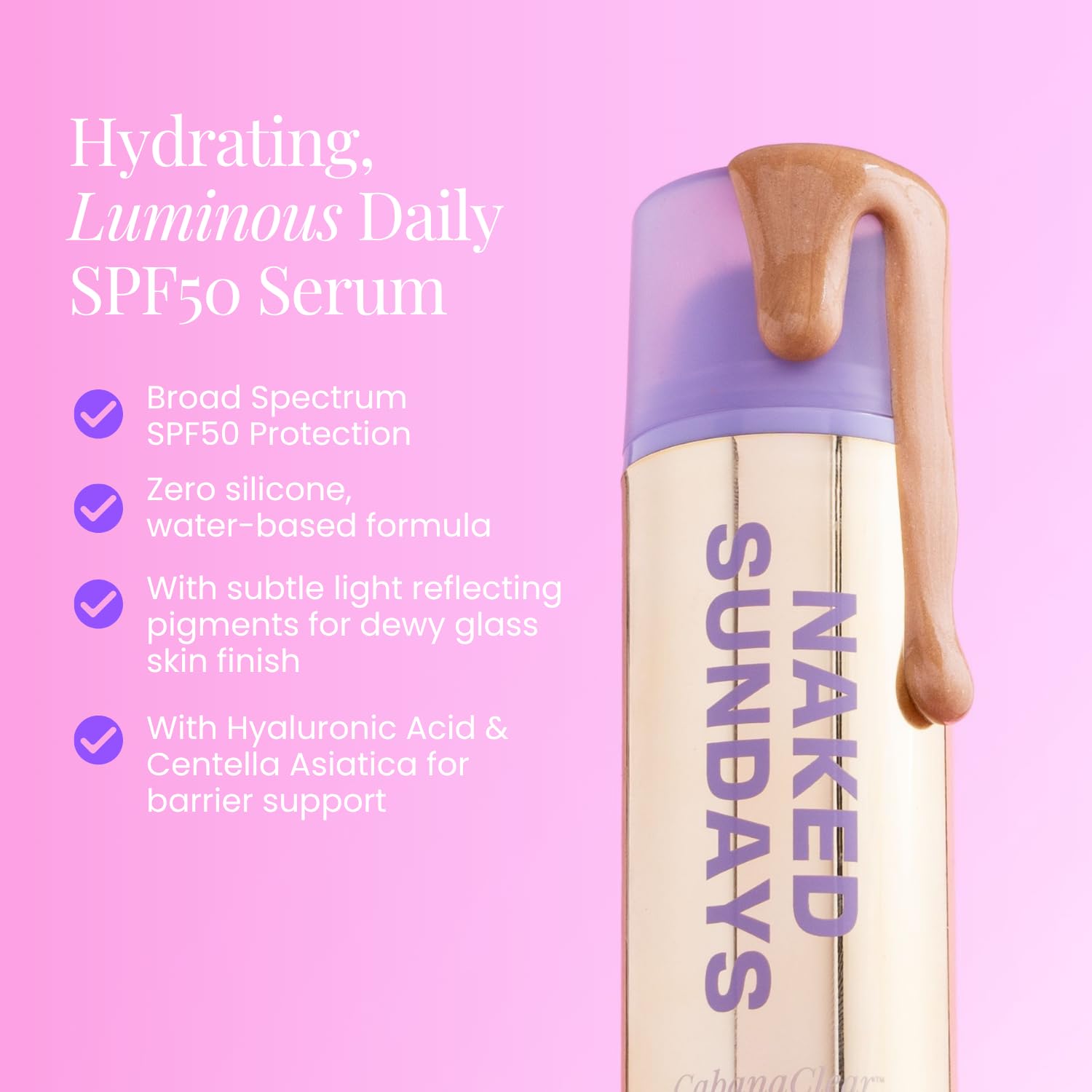 Naked Sundays closeup of water-gel texture glistening, lightweight hydration visible