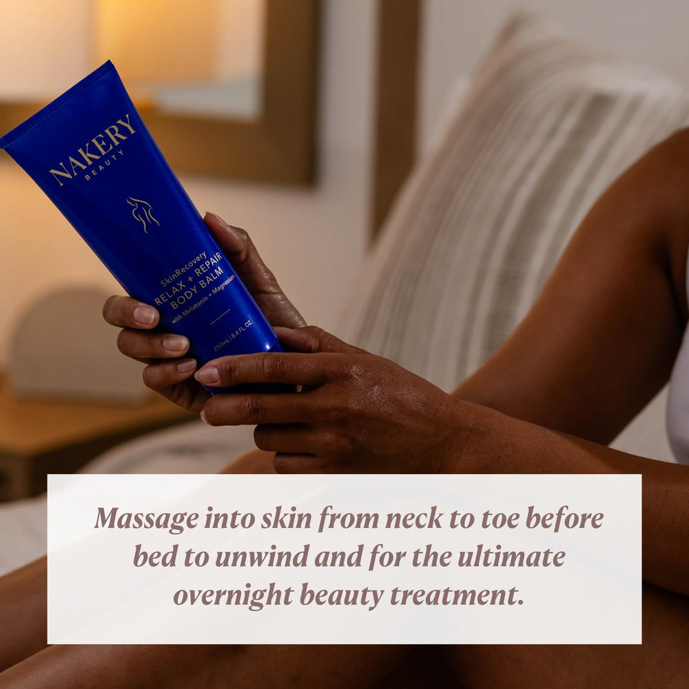 Nakery tube beside bedroom items to show 250mL size and nightly ritual benefit