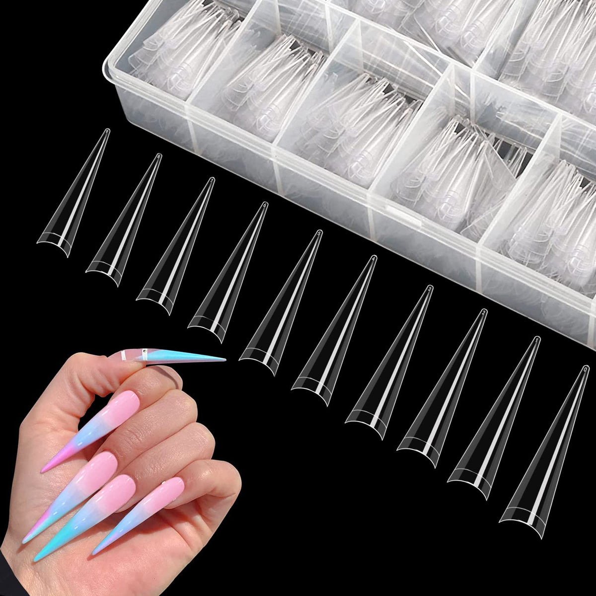 Namgznso front box view showing organized 500-piece stiletto set and easy storage