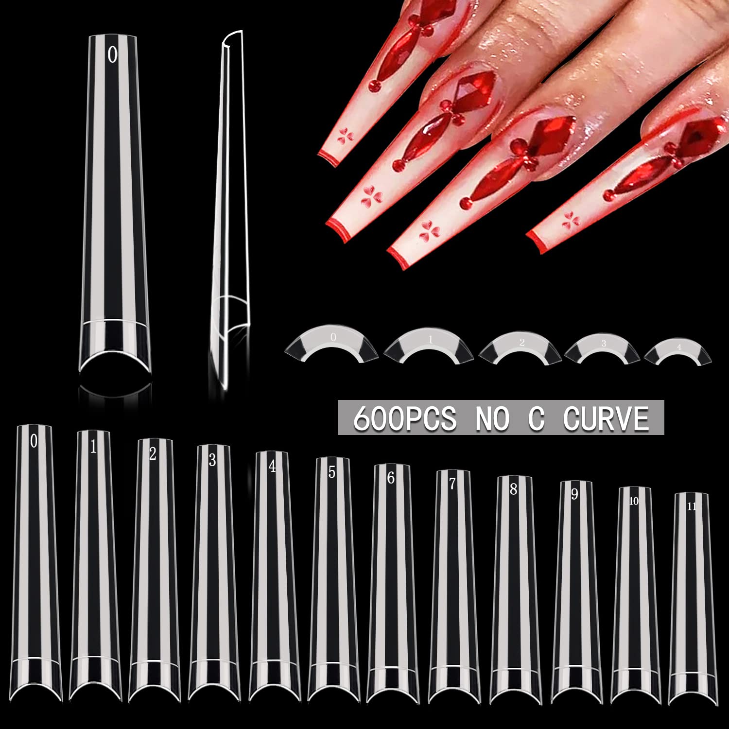 Namgznso front packaging of 600pcs clear coffin tips showing quantity benefit