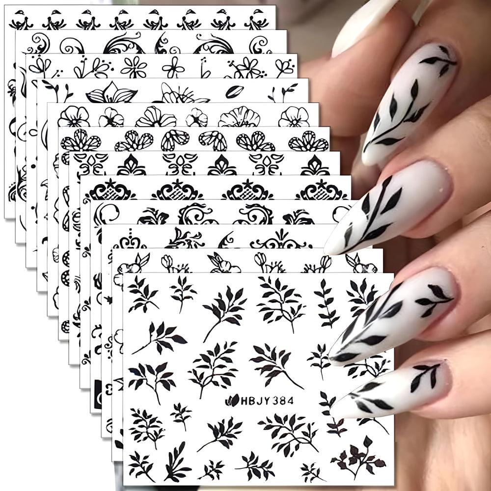Namrec front packaging showing 12 black nail sticker sheets and quick use benefit