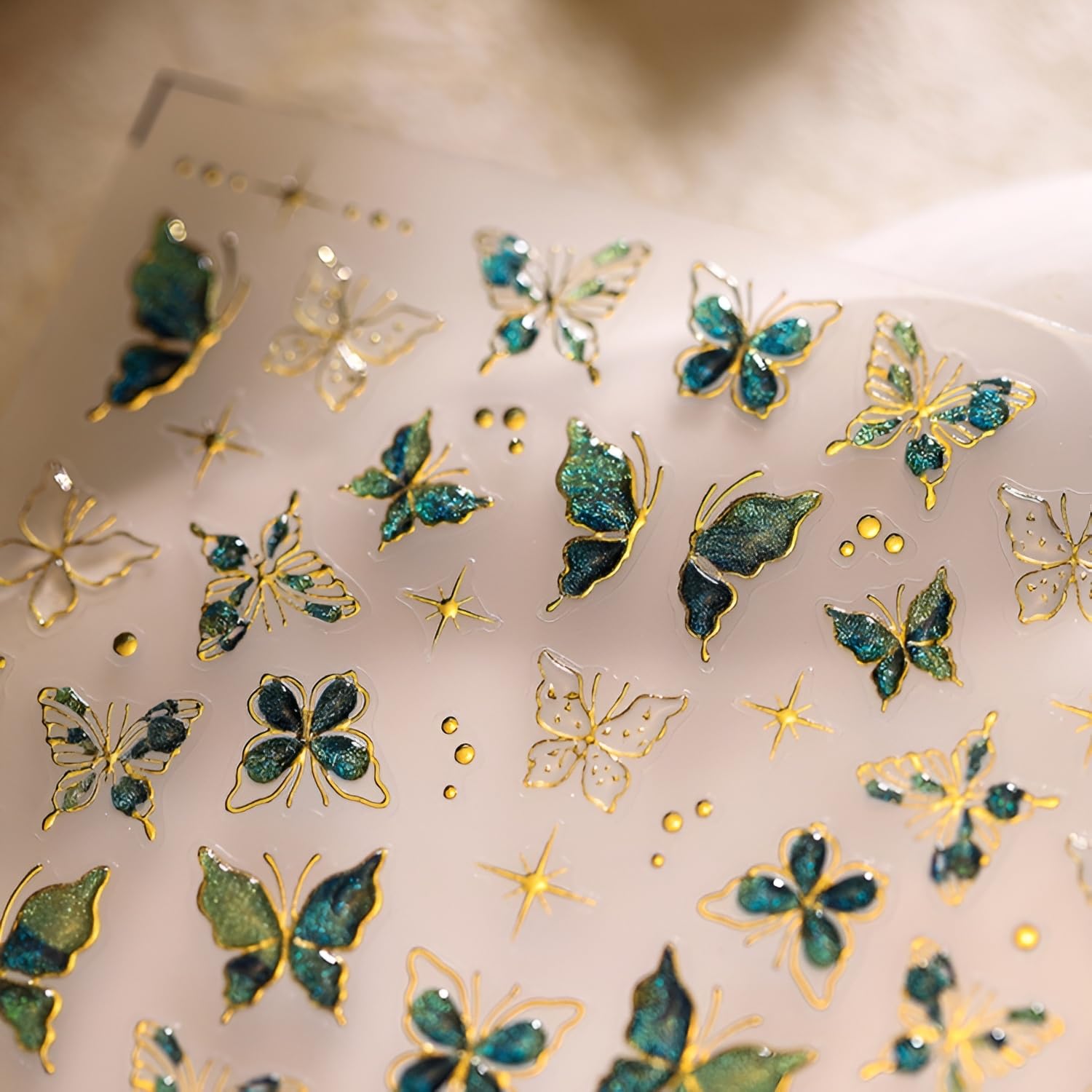 Namrec sheet front showing green and gold butterfly nail stickers for easy application