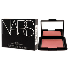 NARS Orgasm compact next to box showing size and product dimensions for travel