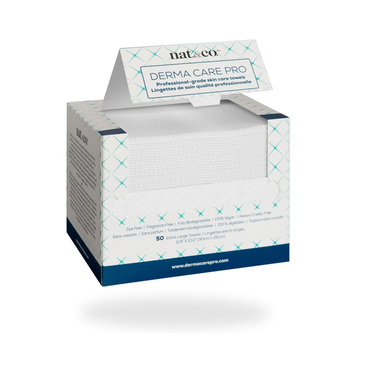 Nat.&Co. front packaging showing 50-count towels and eco-friendly badge