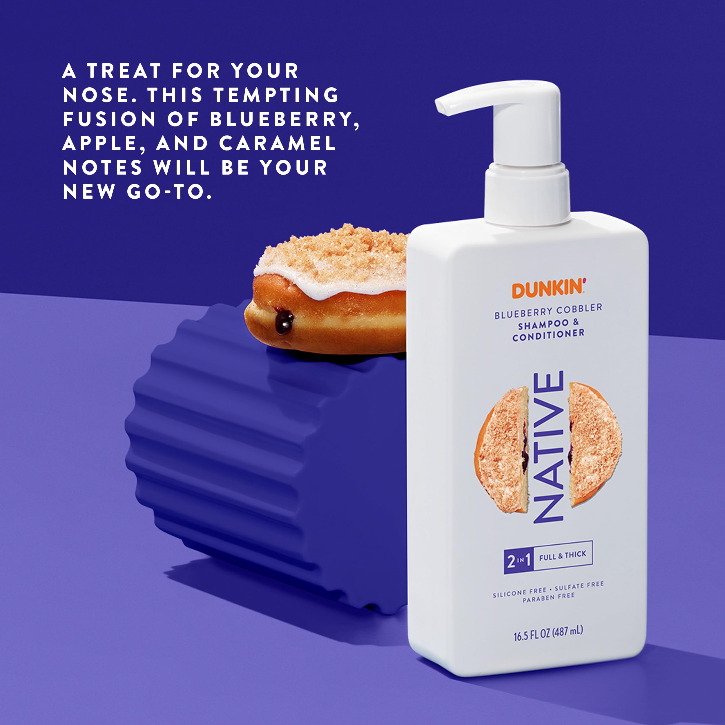 Person using Native Blueberry Cobbler 2-in-1 in shower showing quick cleanse and smooth hair