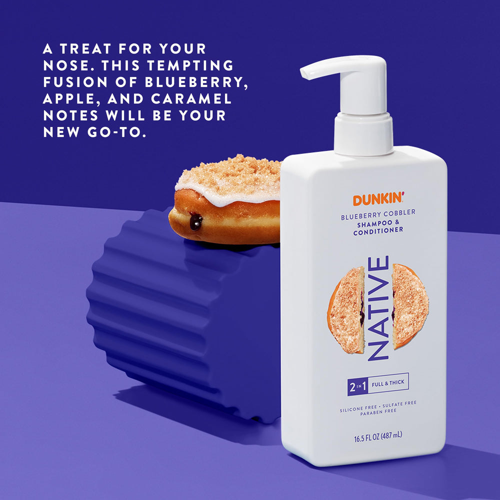 Person using Native Blueberry Cobbler 2-in-1 in shower showing quick cleanse and smooth hair