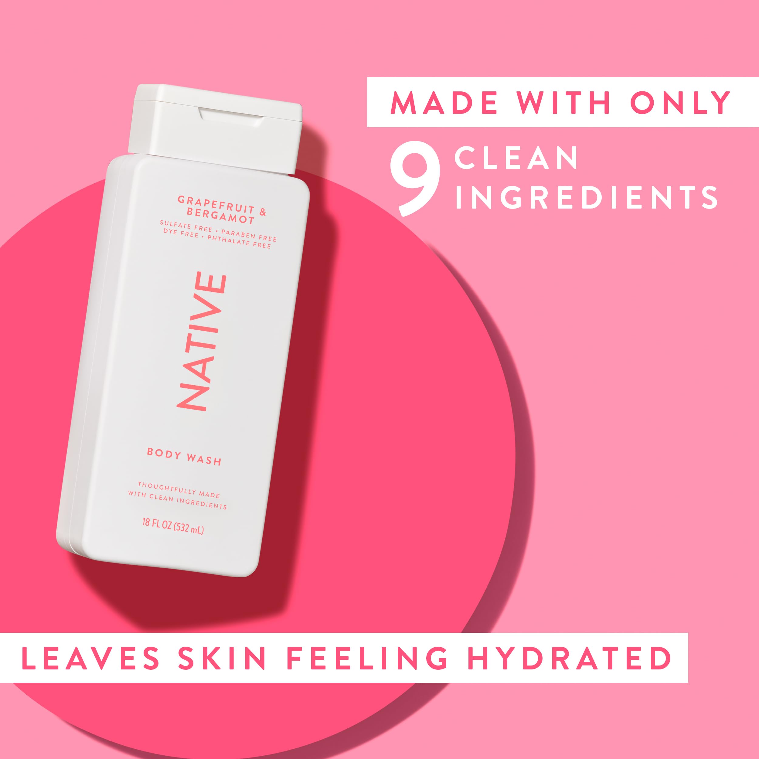 Native body wash on bathroom shelf in shower scene, creates uplifting shower mood