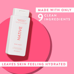 Native body wash on bathroom shelf in shower scene, creates uplifting shower mood
