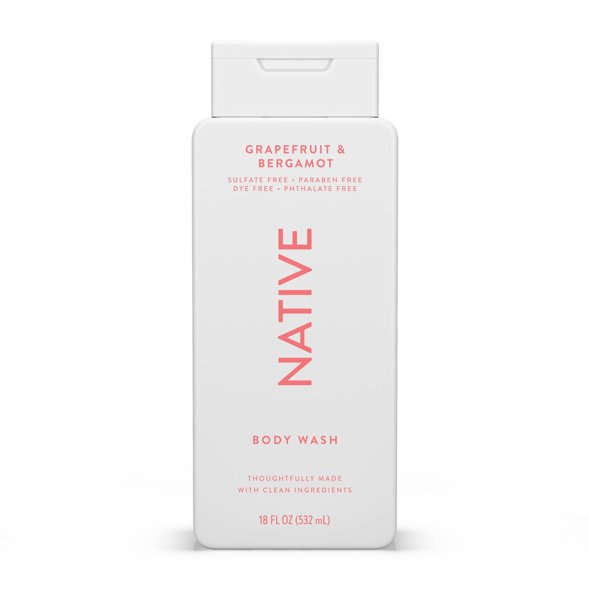 Native bottle front view showing grapefruit and bergamot scent, refreshing clean