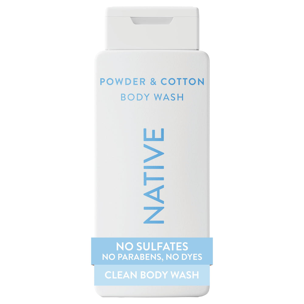 Native front bottle showing label and powder & cotton scent benefit: gentle cleanse