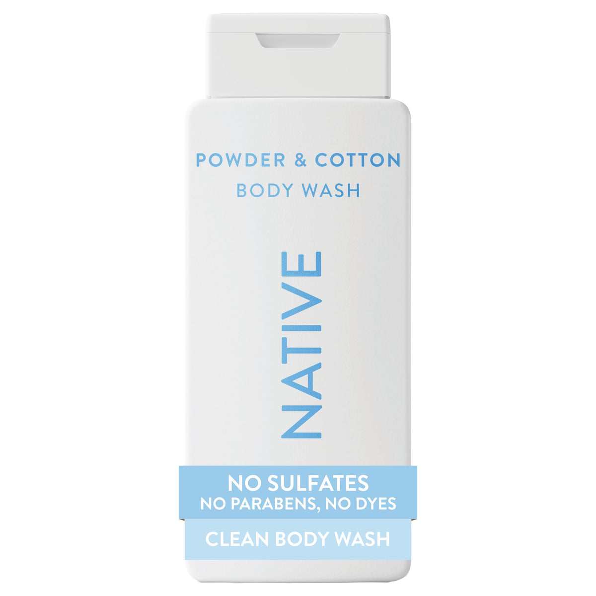 Native front bottle showing label and powder & cotton scent benefit: gentle cleanse
