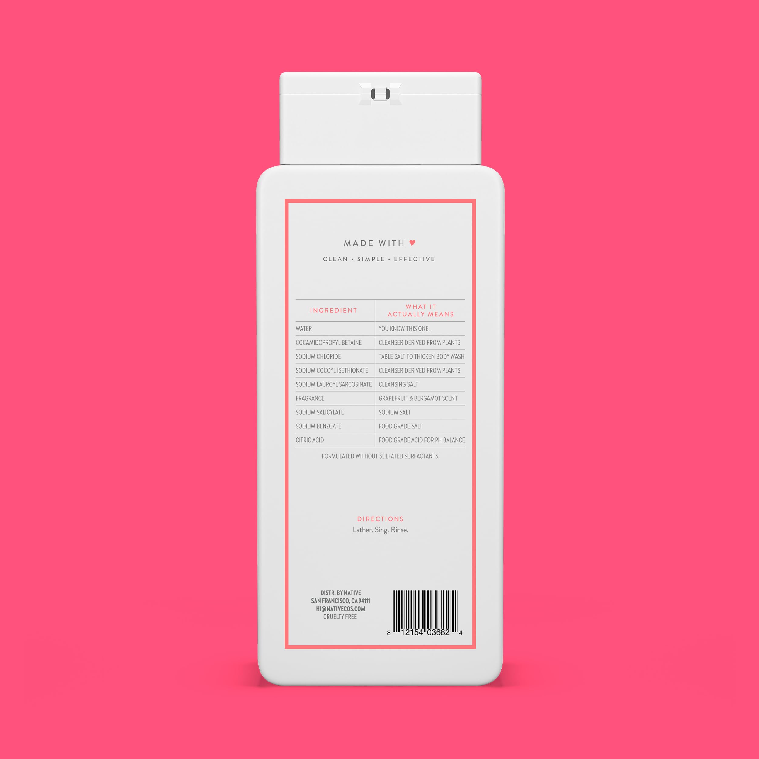 Back label ingredients on Native bottle, highlights short, transparent formula