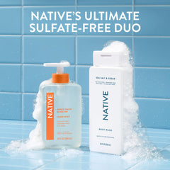 Native bottle on vanity with cedar accent showcasing everyday bathroom-ready formula