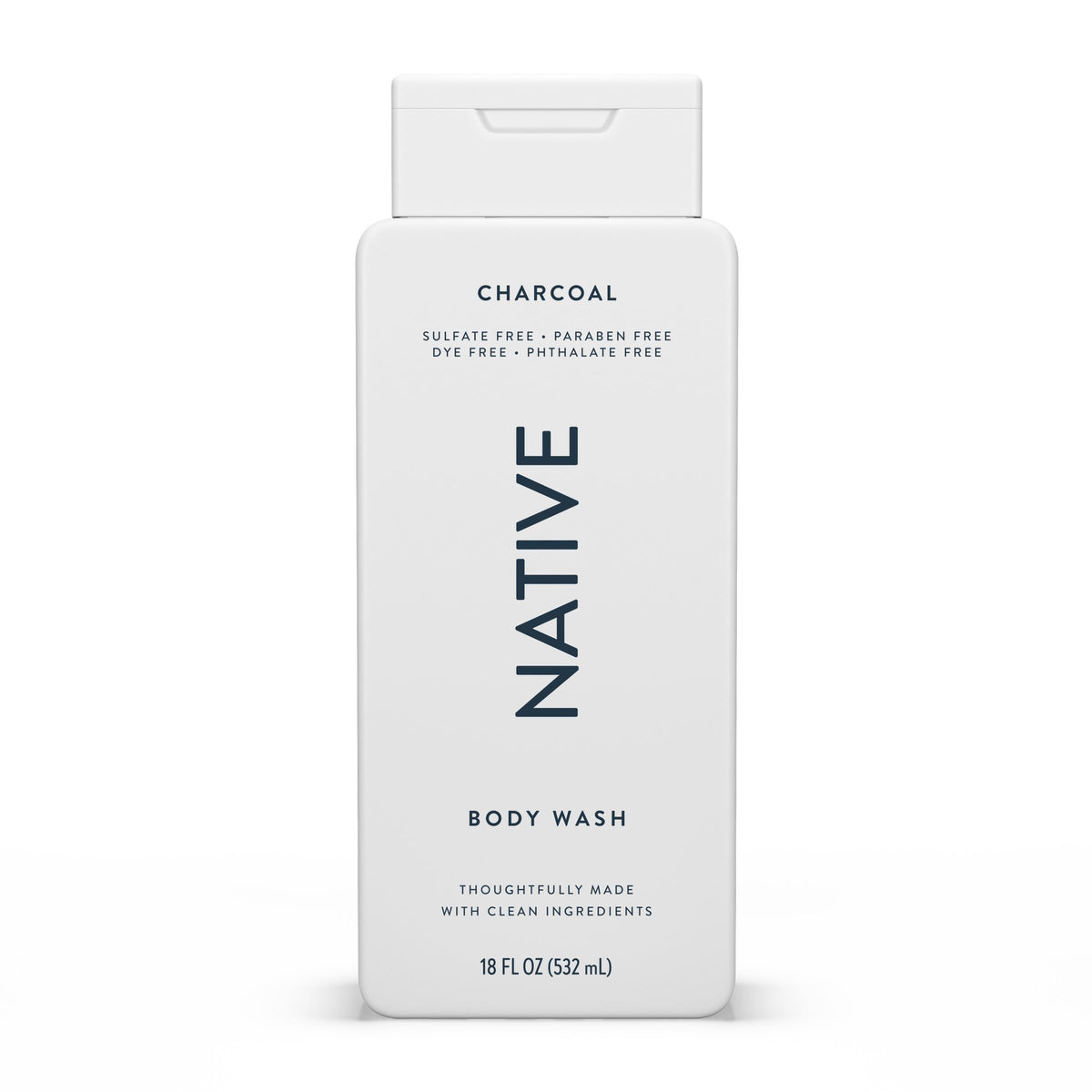 Native charcoal front packaging showing clear label and 18 oz bottle benefit: easy identification