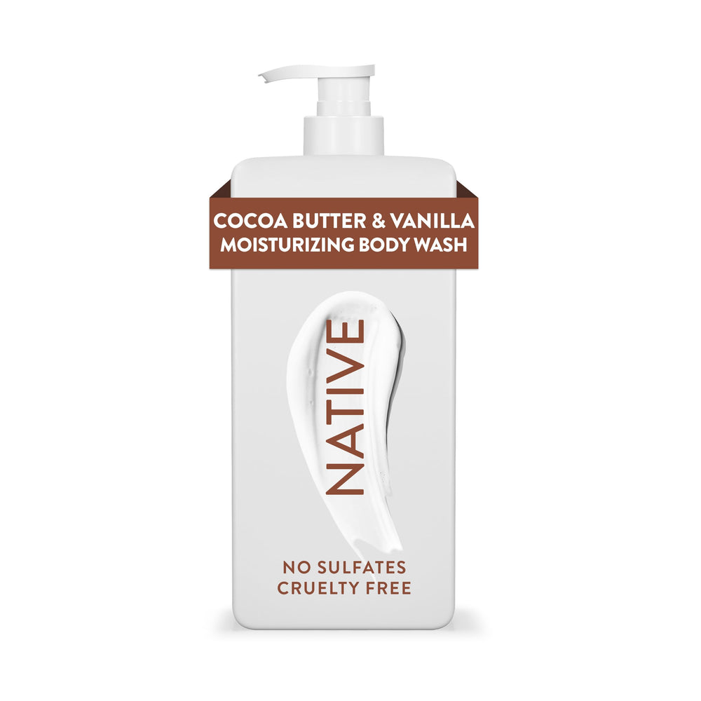 Native front bottle showing cocoa butter and vanilla scent, highlighting gentle hydration