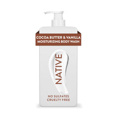Native front bottle showing cocoa butter and vanilla scent, highlighting gentle hydration