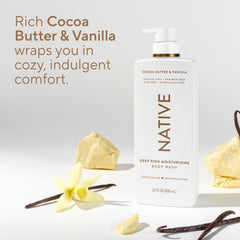 Native cocoa butter and vanilla ingredients display evoking warm, comforting scent