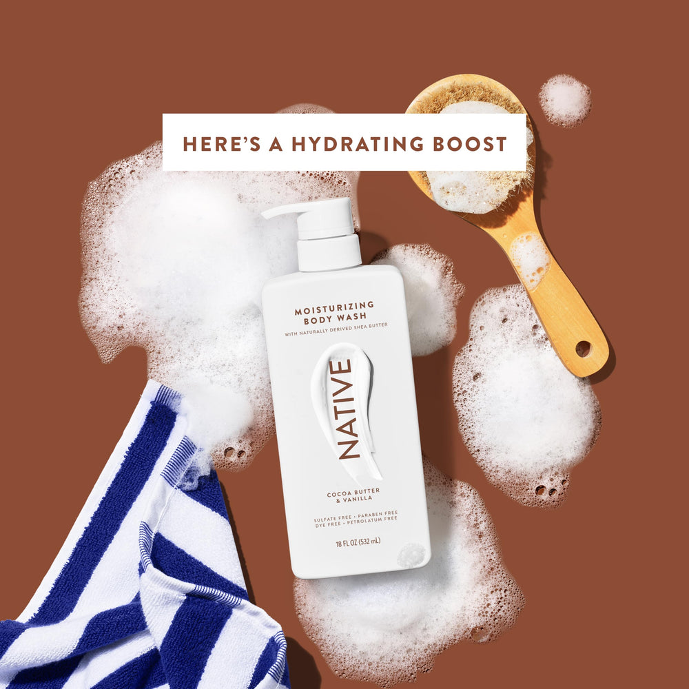 Native bottle staged in bathroom lifestyle, suggesting comforting shower experience
