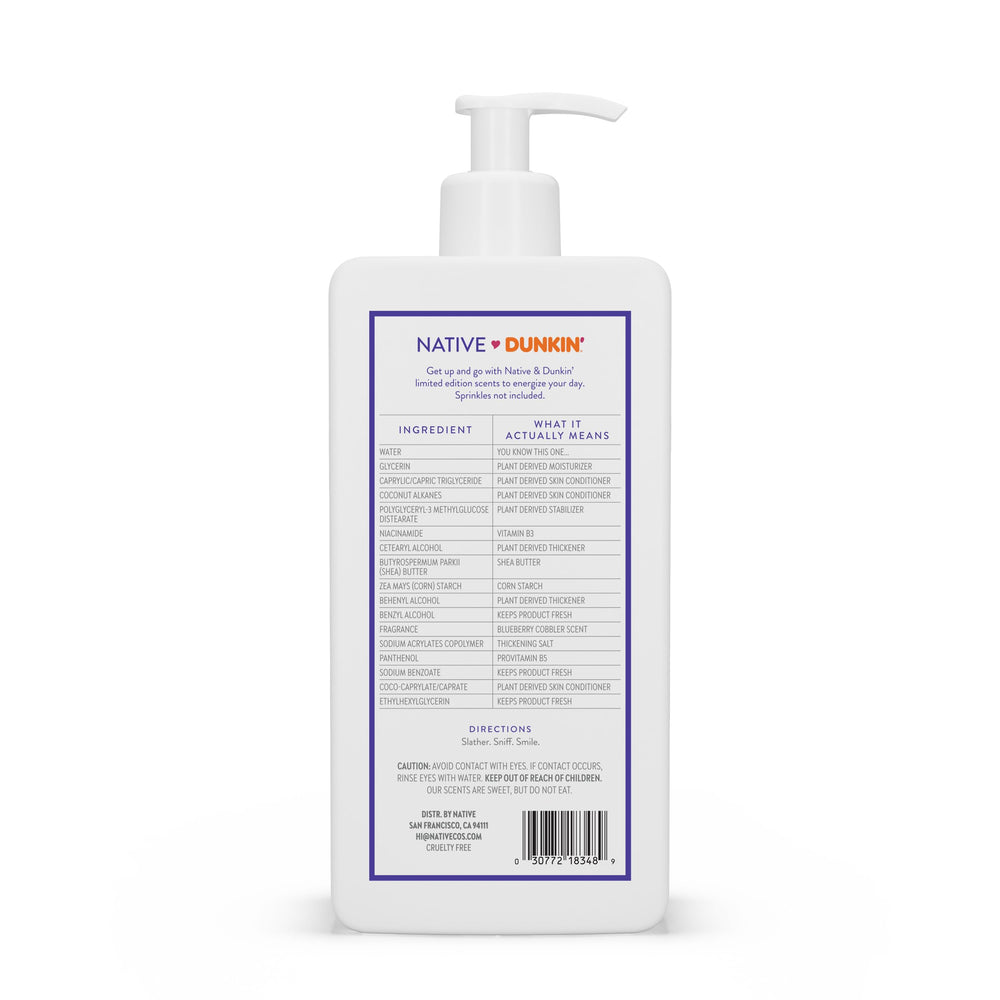 Native Dunkin Blueberry Cobbler in bathroom setting suggesting daily routine use