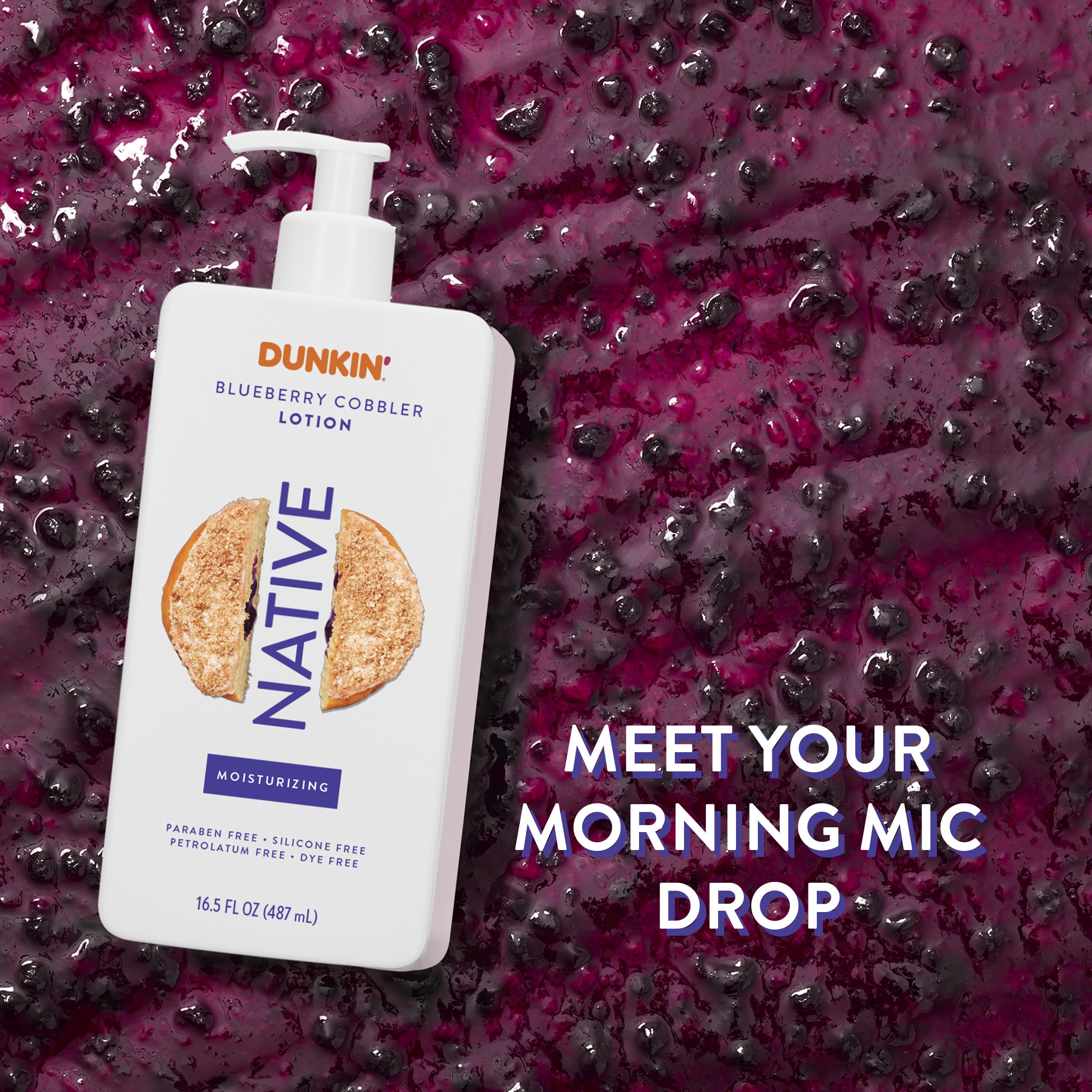 Native Dunkin Blueberry Cobbler pump close-up showing easy dispensing benefit