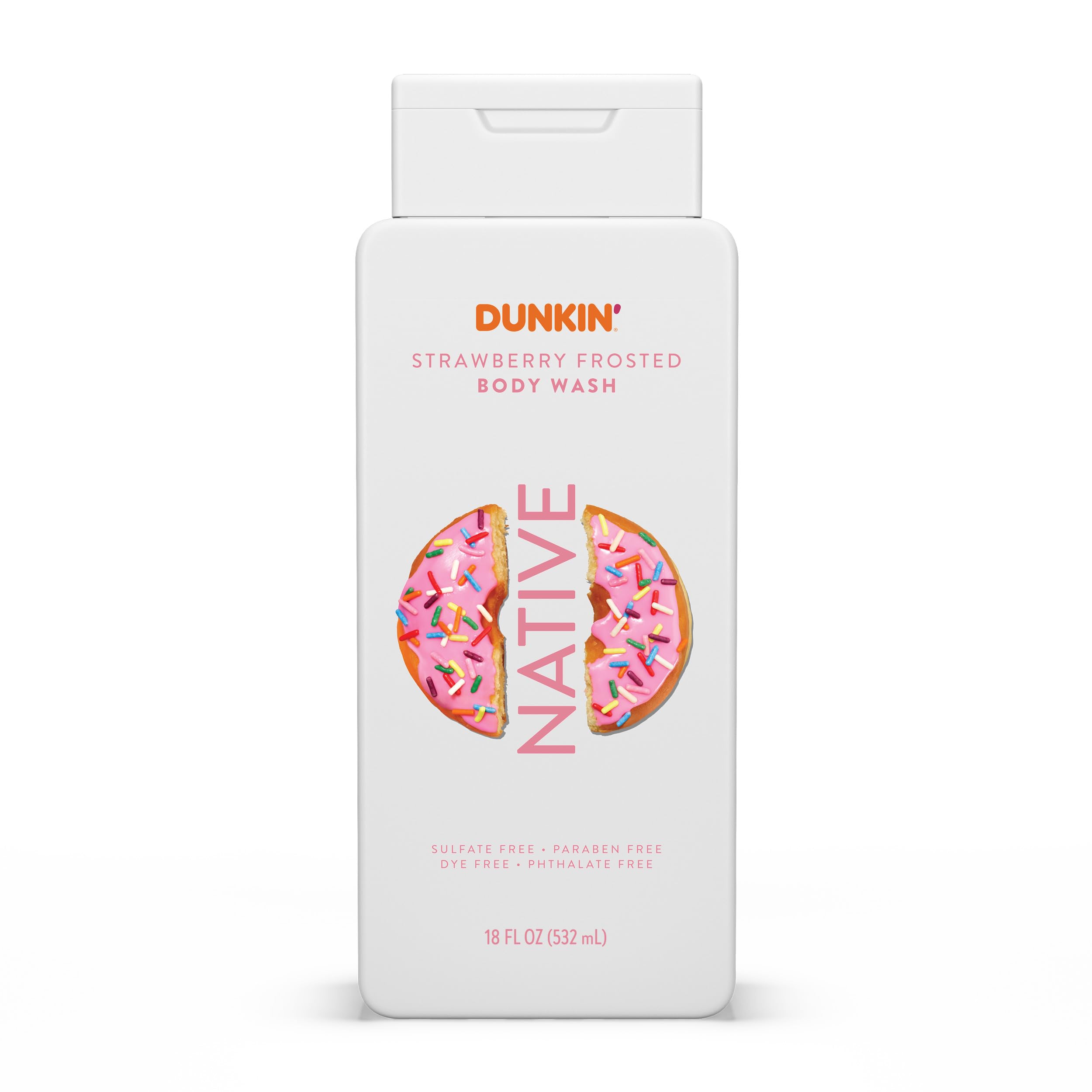 Native Dunkin strawberry frosted front packaging shows bottle and scent