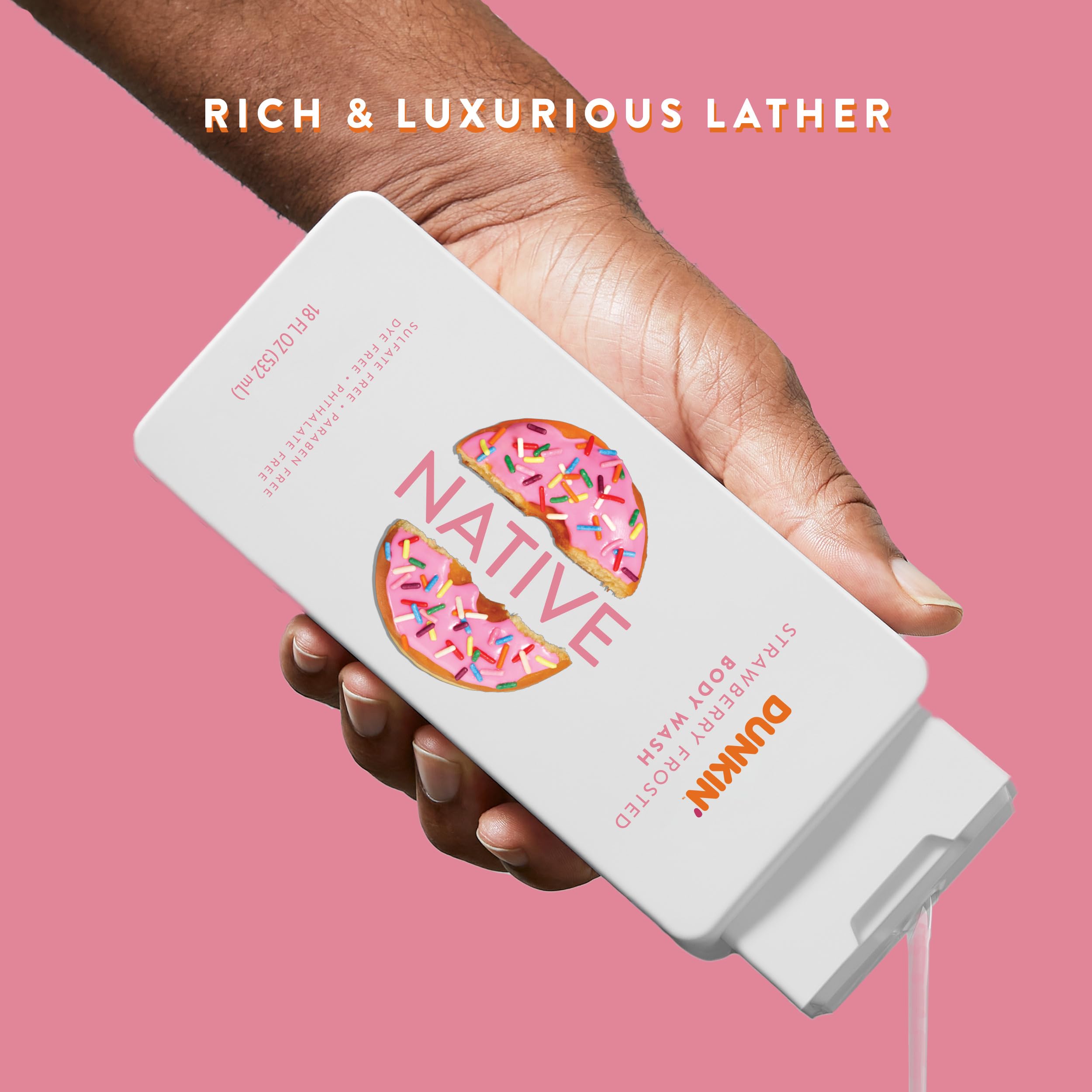 Native Dunkin strawberry frosted in-shower use demonstrating gentle cleansing benefit