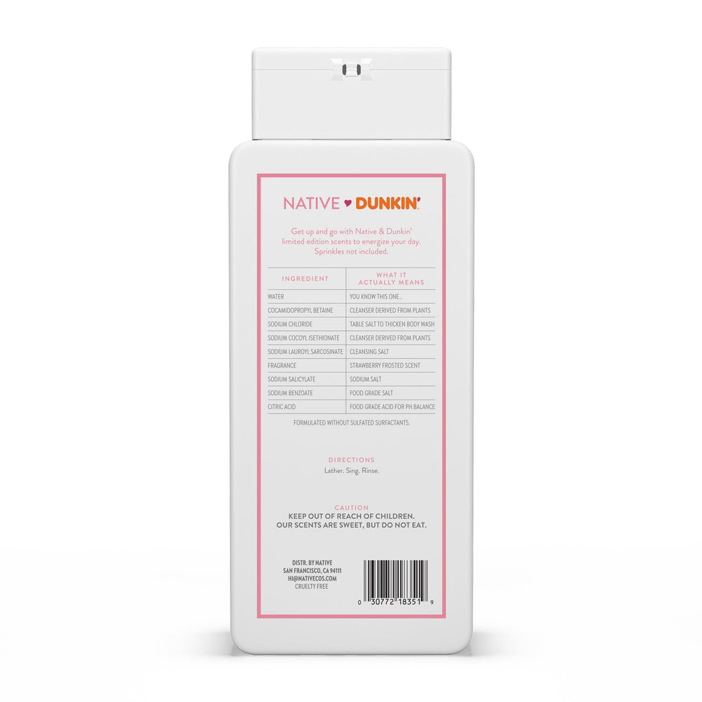 Native Dunkin strawberry frosted label close-up showing ingredient transparency benefit