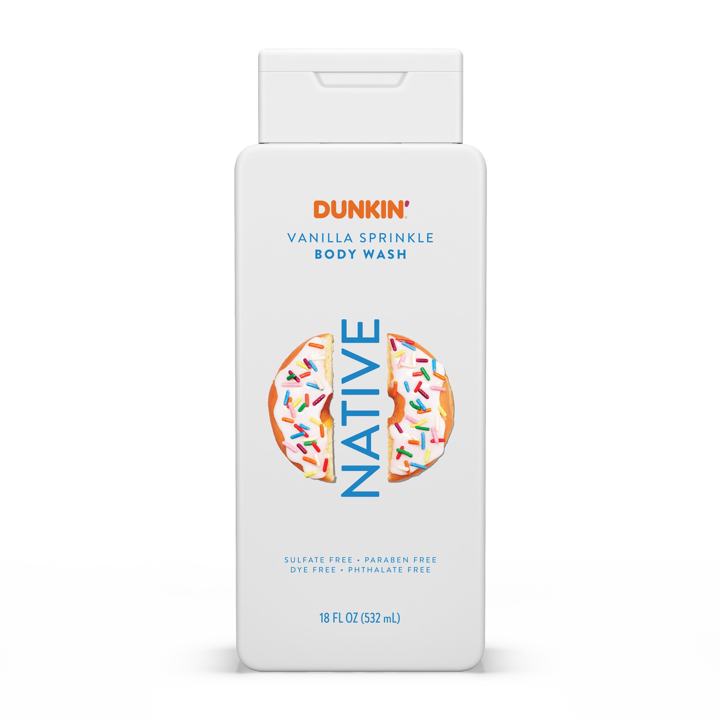 Native Dunkin Vanilla Sprinkle front bottle shows scent and size benefits