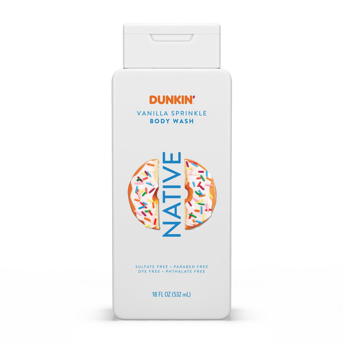 Native Dunkin Vanilla Sprinkle front bottle shows scent and size benefits
