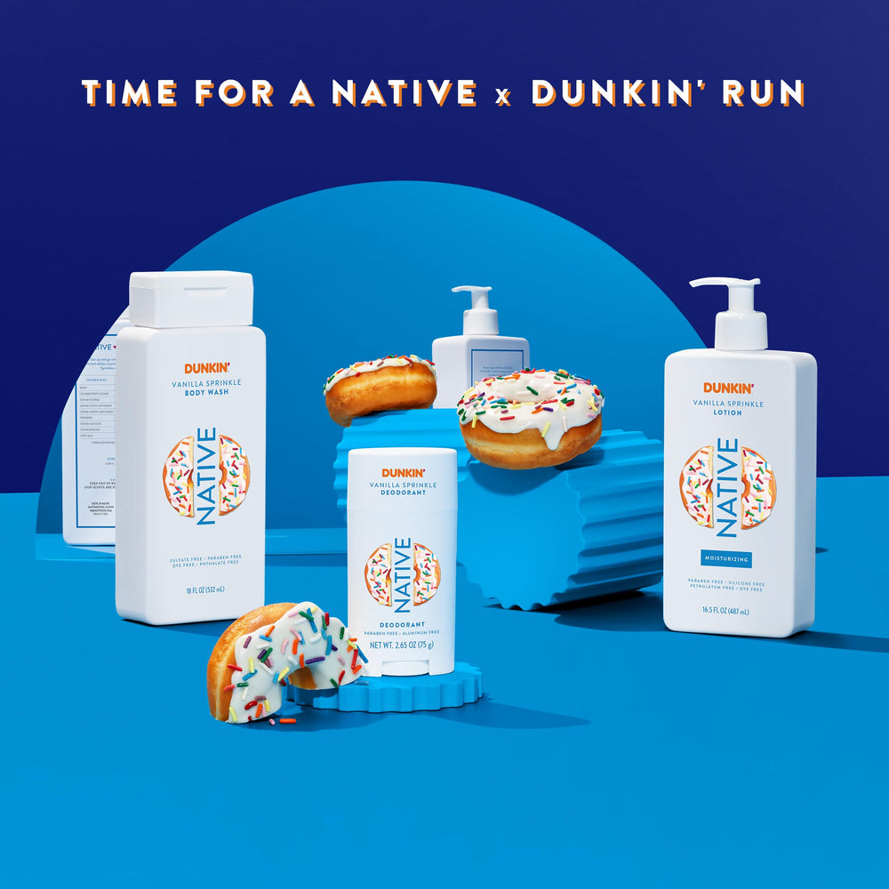 Native Dunkin Vanilla Sprinkle in-shower use demonstrates gentle cleansing benefit