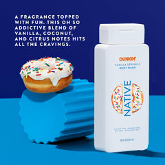 Native Dunkin Vanilla Sprinkle lifestyle bathroom scene conveys comforting scent benefit