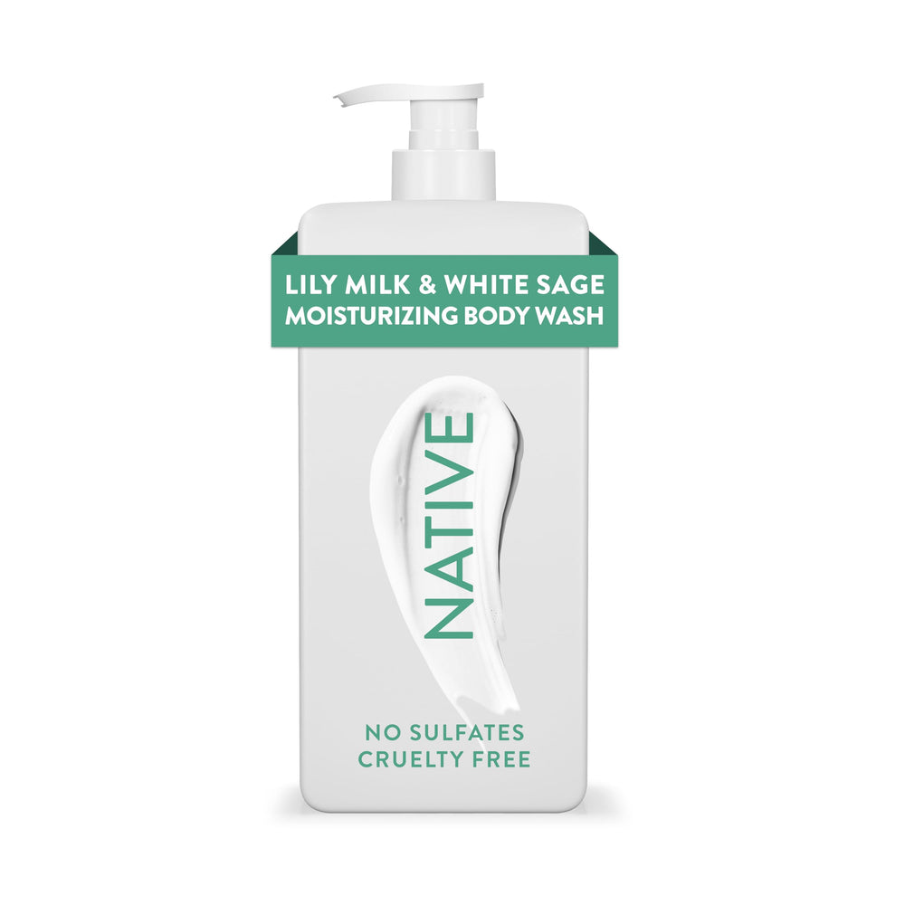 Native front packaging showing 18 oz bottle and Lily Milk & White Sage scent, promoting hydration