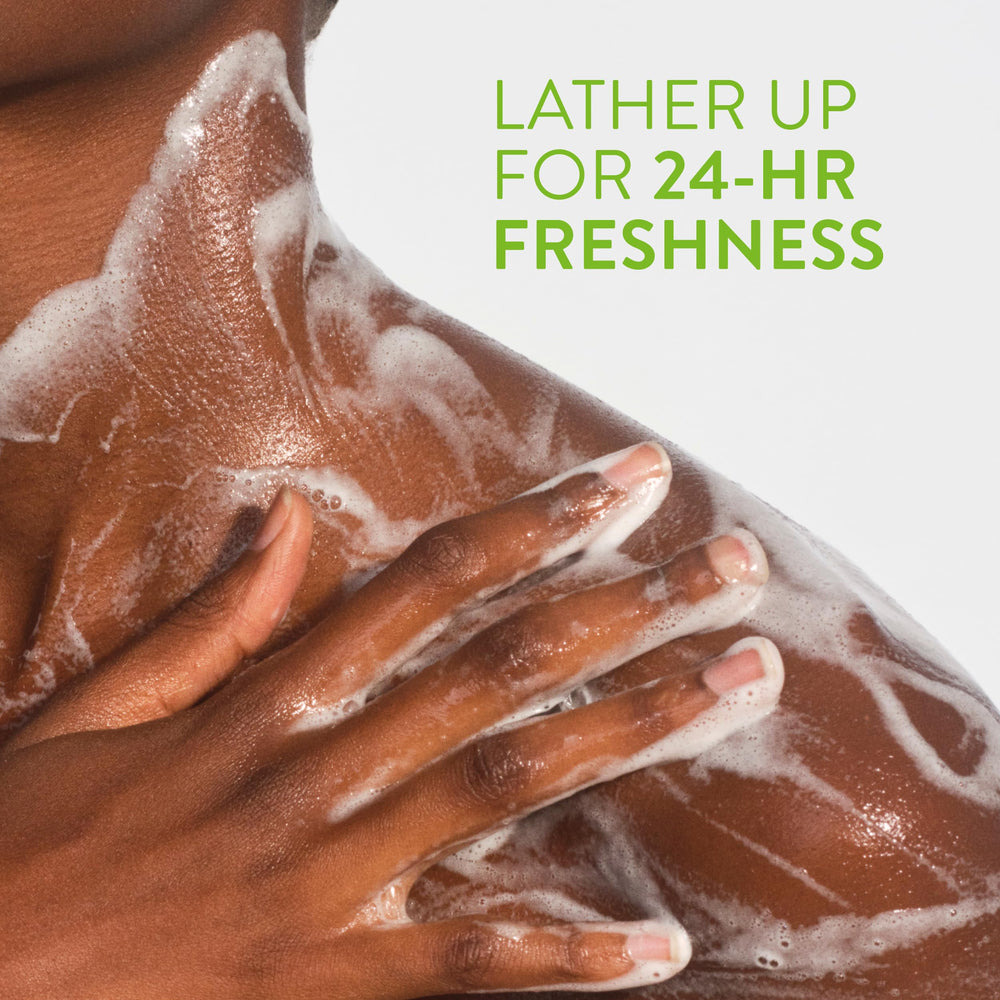 Native person using body wash in shower showing enjoyable scent and invigorating cleanse