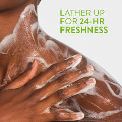 Native person using body wash in shower showing enjoyable scent and invigorating cleanse