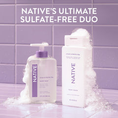 Native product label close-up highlighting award mentions and clean, sulfate-free claims